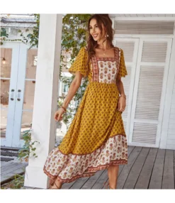 Casual Maxi Dress Vintage Square Neck Wholesale Bohemian Dress For Women SD191121