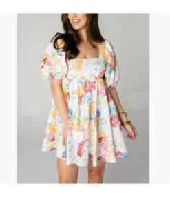 Square Neck Puff Sleeve Sweet Short Printed Princess Dress Wholesale Dresses SDN533963