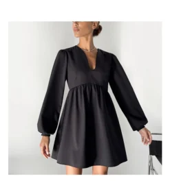 Commuting Simple V-Neck Lantern Sleeve Solid Color A-Line Dress Wholesale Dresses N463523021400186