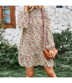 Casual Floral Mini Dress Crew Neck Long Sleeve Vacation Wholesale Dresses SDN561073