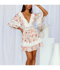 Floral Print Flare Sleeve V-Neck Vintage Lace Dress Wholesale Dresses SDN534703