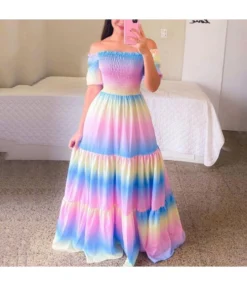 Trendy Printed Off Shoulder Ruffles Swing Smocked Dress Vacation Wholesale Maxi Dresses SDN532933