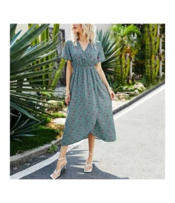 Sexy V Neck Rose Print Split Midi Dress Loose Casual Short Sleeve Wholesale Dresses SD55506