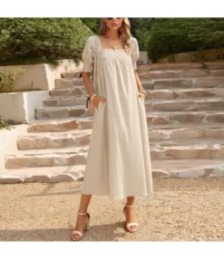 Elegant Flower Petal Sleeve Solid Color Square Neck Long Dress Wholesale Dresses V5923041200032