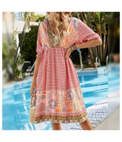 Vacation Sexy V Neck Print Boho Clothing Wholesale Loose Short Sleeve Swing Bohemian Dress For Women SD55514