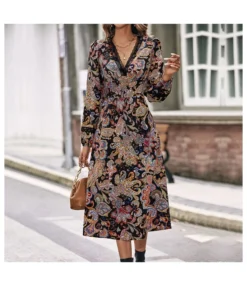 Lace Stitching V-Neck Long-Sleeve Printed Slim A-Line Dress Wholesale Dresses SDN538602