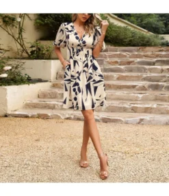 Temperament Short Sleeve Print Waist V-Neck Short Dress Wholesale Dresses V5923041200028