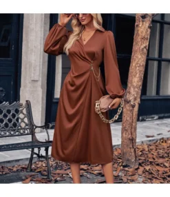 Casual V-Neck Solid Colour Tie Waist Long Sleeve Dress Wholesale Dresses N5923082300037
