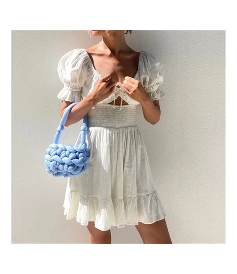 White Plunge Neck Puff Sleeve Waist A-Line Hollow Cotton & Linen Ruffled Dress Resort Wholesale Dresses SDN532603 - Image 3