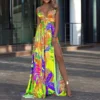 Palm Leaves Print Low Cut Sling High Waist Slit Swing Dress Resort Sundresses Wholesale Maxi Dresses SDN533008