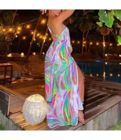 Printed Slanted Shoulder Lace-Up Slit Open-Back Resort Dress Sexy Wholesale Maxi Dresses SDN533049