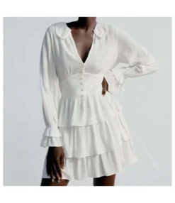 Ruffled Collar V Neck Elastic Waist Long Sleeve Cake Dress Wholesale Dresses SDN533784