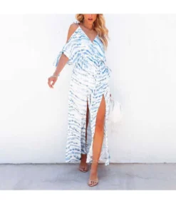 Tie Dye Print Sexy Short Sleeve Loose Sling Resort Dress Wholesale Maxi Dresses SDN536013