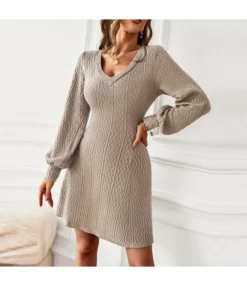 Sexy V-Neck Knit Jacquard Mini Dress Long Sleeve Solid Color Bodycon Wholesale Dresses SDN562291