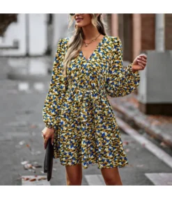 Floral Print V Neck Long Sleeve Casual Swing Dress Wholesale Dresses SDN536747