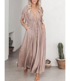 Deep V-neck Bohemian Style Drawstring Waist Maxi Dress Tunic Wholesale Dresses 210817217