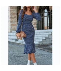 Plaid Square Neck Button Long Sleeve Elegant Ruffled Slim Dress Wholesale Dresses SDN536890