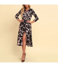 Fashion Print Lapel Midi Dress Single Breasted Casual Wholesale Dresses With Belt SDN560147