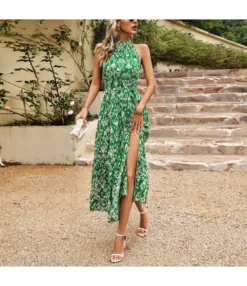 Elegant Sleeveless Floral Print Hanging Neck High Split Long Dress Wholesale Dresses V5923041200031