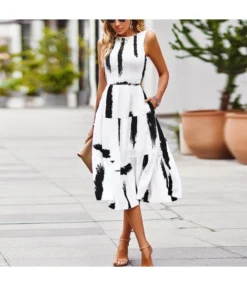 Printed High Waist Elegant Sleeveless Midi Tank Smocked Dress Wholesale Dresses N5323022700051