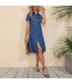 Vintage Solid Color Denim Shirt Short Sleeve Dress Wholesale Dresses V5923041500052