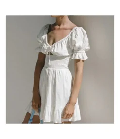 White Plunge Neck Puff Sleeve Waist A-Line Hollow Cotton & Linen Ruffled Dress Resort Wholesale Dresses SDN532603