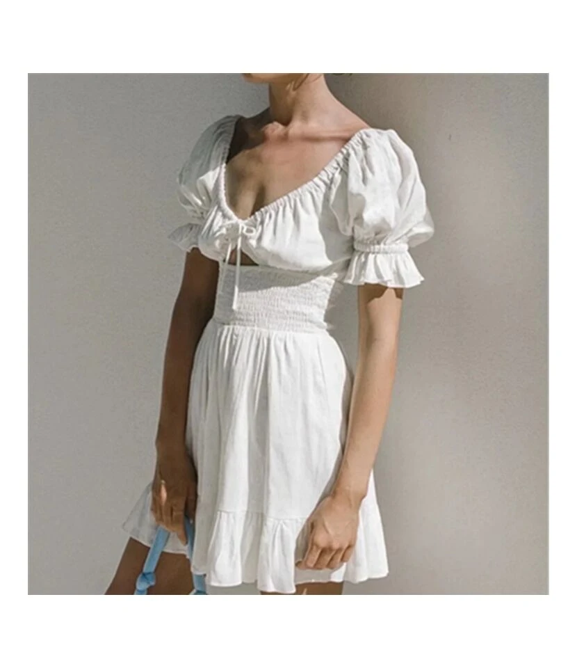 White Plunge Neck Puff Sleeve Waist A-Line Hollow Cotton & Linen Ruffled Dress Resort Wholesale Dresses SDN532603