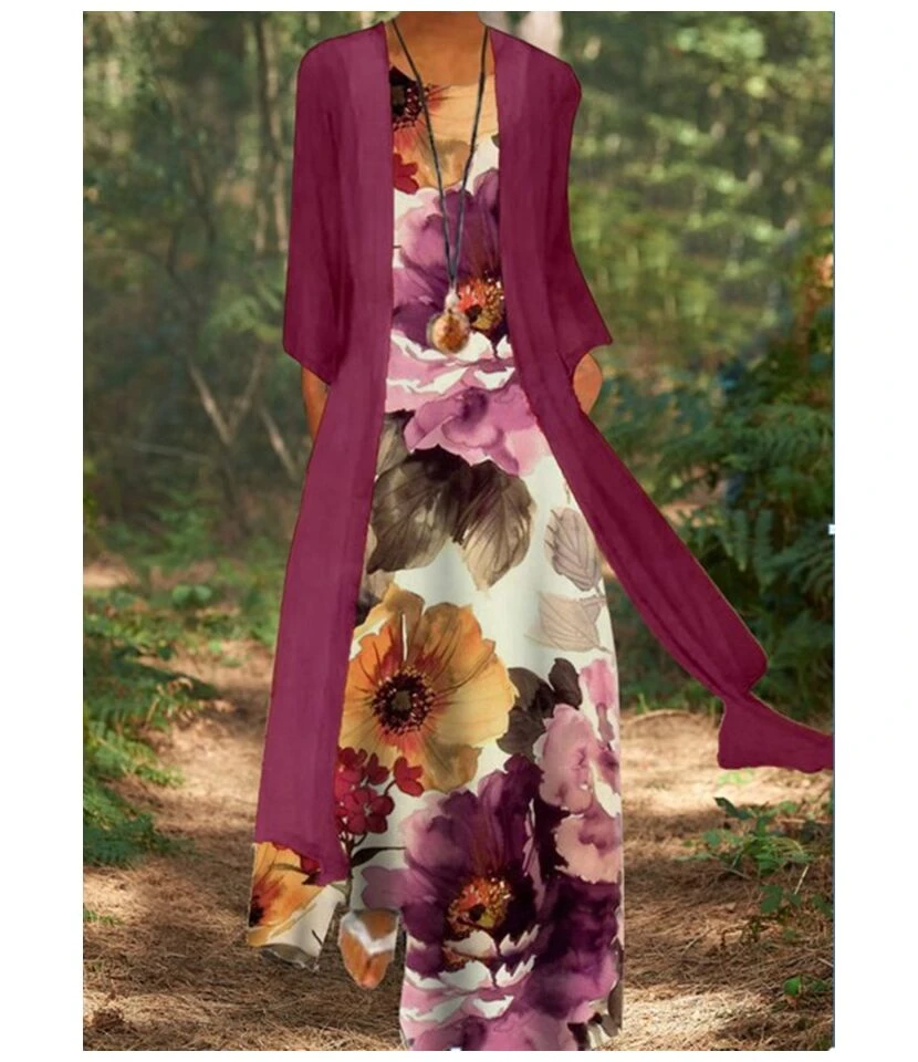 Printed Mid-Sleeve Loose Casual Coat & Maxi Dress Fashion Wholesale Womens 2 Piece Sets SD204468 - Image 6