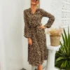 Fashion V Neck Leopard Print Midi Dress High Waist Long Sleeve Slim Wholesale Dresses SDN560438