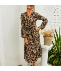 Fashion V Neck Leopard Print Midi Dress High Waist Long Sleeve Slim Wholesale Dresses SDN560438