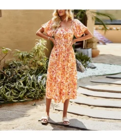 Elegant Botanical Floral Full Print Bubble Sleeve Square Neck Long Dress Wholesale Dresses V5923041200043