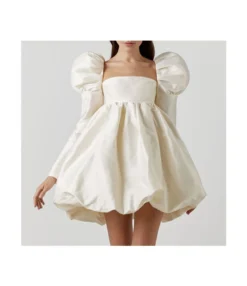 Sexy Square Neck Satin Dress Puff Sleeve Solid Color A-Line Wholesale Dresses SDN560919
