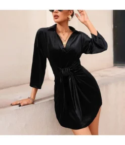 Velvet Lapel Lace-Up Mini Dress Long Sleeve Bodycon Wholesale Dresses SDN561527