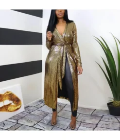 Golden Sexy Open Shawl Lace Up Design Wholesale Maxi Dresses Shirt Dress SD203897