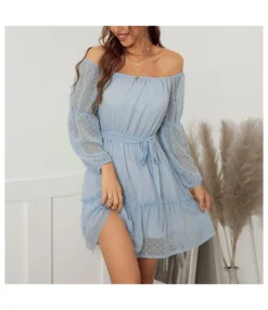 Sexy Off Shoulder Flocking Mini Dress Solid Color Long Sleeve Lace Up Flowy Wholesale Dresses SDN560434