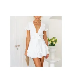 Solid Color Lace-Up V-Neck Layered Ruffled Dress Wholesale Dresses SDN535553