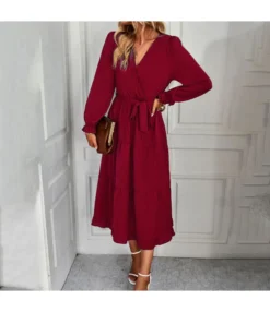 Solid Color Tie-Up Waist Long Sleeve Midi Smocked Dress Wholesale Dresses SDN537199