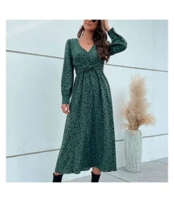 Long Sleeve V-Neck Polka Dot A-Line Ruched Dress Wholesale Dresses SDN538599