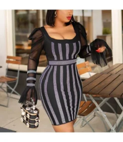Stripe Mesh Puff Sleeve Low-Cut Rhinestone Design Dress SD030553