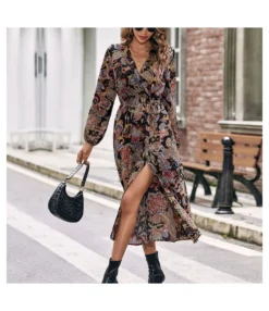Elegant Long-Sleeved Fashion Printed Slim Slit A-Line Midi Dress Wholesale Dresses SDN538604