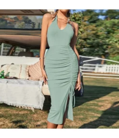 Skinny Sexy Backless Pleated Slit V-Neck Halter Neck Dress Wholesale Dresses SDV464530