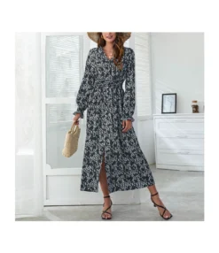 Floral Print V Neck Long Sleeve Midi Flowy Dress Casual Wholesale Dresses SDN532614
