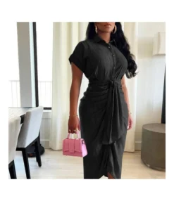 Denim Ruched Tie Button Short Sleeve Irregular Fit Dress Wholesale Dresses SDV464129