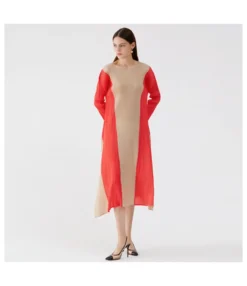 Asymmetrical Loose Colorblock Long Sleeve O-Neck Slit Midi Dress SD080406