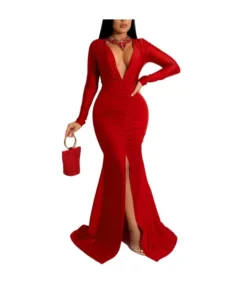 Solid Color Sexy V-Neck Slit Hip-Covering Dress Wholesale Womens Clothing N3823103000089