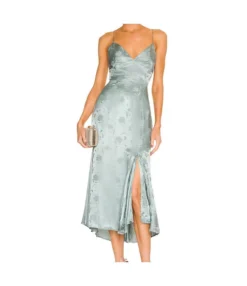 Solid Color Deep-V Neck Jacquard Nipped Waist Side Slit Sling Satin Dress Chic Wholesale Dresses SDN532429