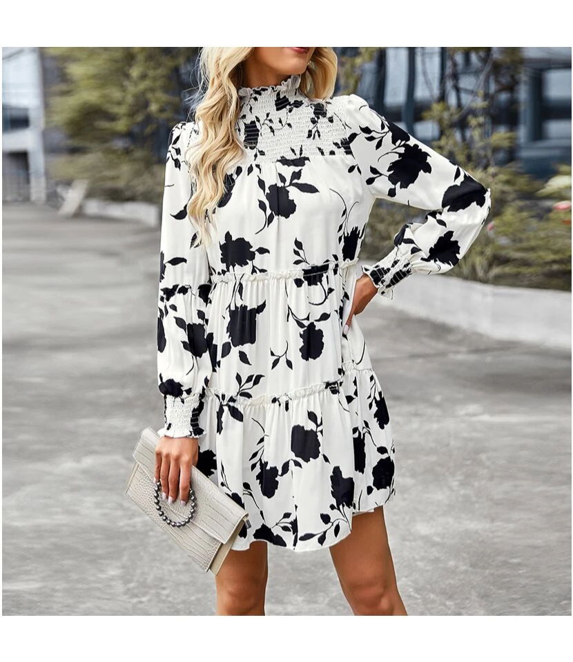 Elegant Print Long Sleeve Dress Loose High Waist Wholesale Dresses SDN560955