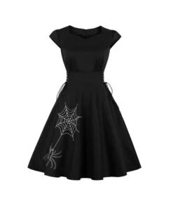 Halloween Vintage Spider Bat Print Swing Dress Short Sleeve High Waist Lace-Up Wholesale Dresses SDN562417