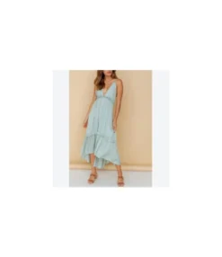 Solid Color Deep V-Neck Backless Sling Irregular Hem Ruffled Dress Vacation Wholesale Dresses SDN533413