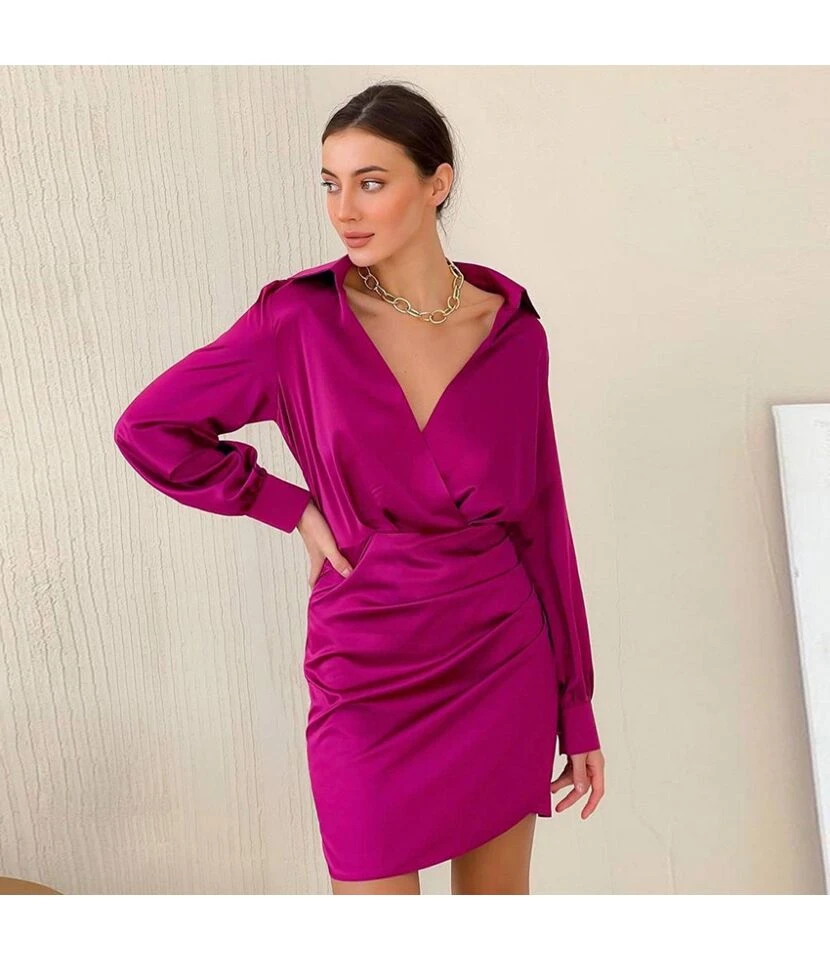 Sexy Satin Deep V Neck Dress Solid Color Long Sleeve A-Line Wholesale Dresses SDN560922 - Image 7